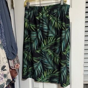 Tropical Palm Print Midi Skirt - Black and Green